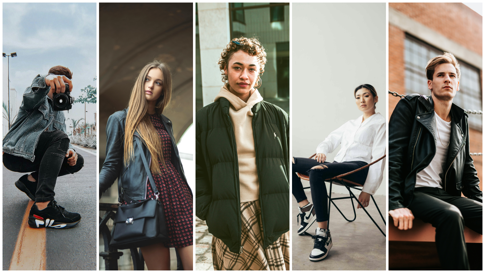 Five images of Berliners, wearing fashionable clothes. First, a man wearing dark cuffed skinny jeans, a light denim jacket, hoodie, and bold athletic shoes. Second, a woman wearing a short (pleated) checkered dress, denim jacket, and carrying a black leather handbag. Third, a tan woman with short hair wearing a pale hoodie, black puffer jacket, tan and black plaid skirt. Fourth, an Asian woman wearing a flowy white blouse, skinny denim ankle jeans, and high top leather athletic shoes. Lastly, a man with blonde hair wearing a leather jacket, white t-shirt, and denim.