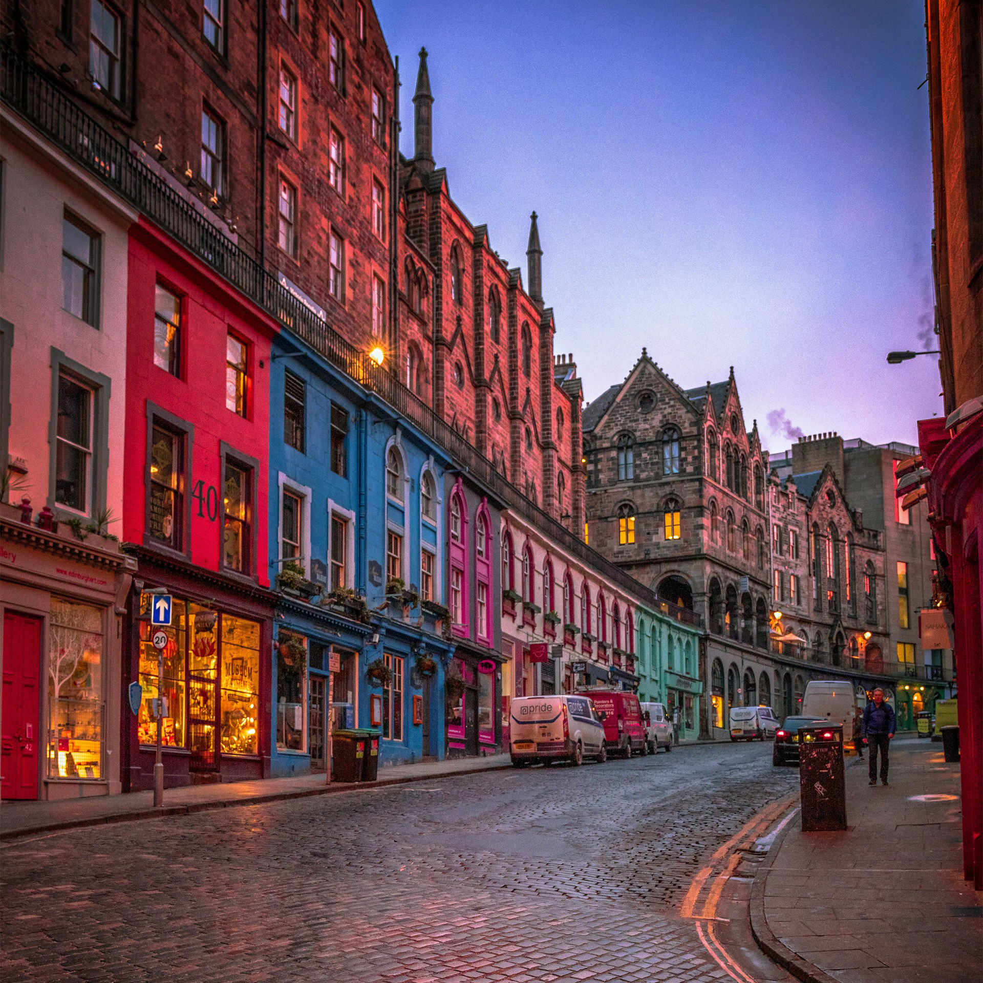 Photograph of narrow European Streets at dusk, taken by photographer Jim DIvine