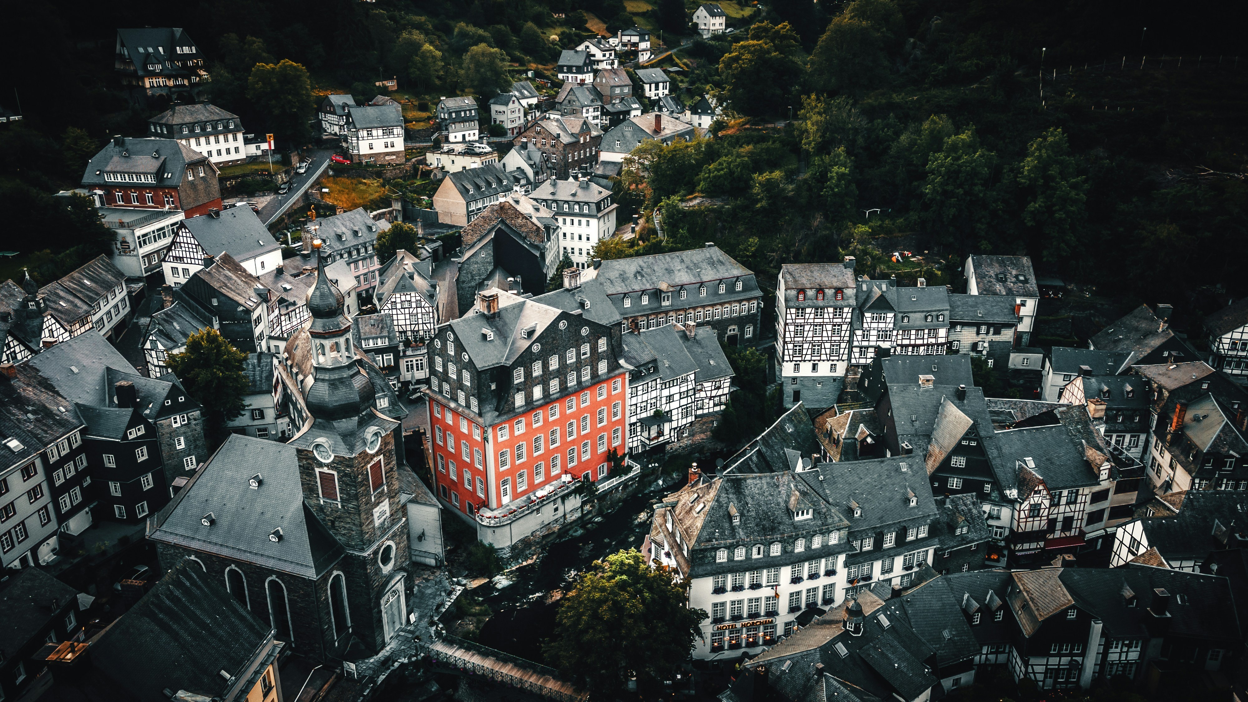 An aerial view on Monschau, showing the medieval town amongst the dense German forests.