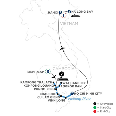 Map of the Tavel Club's itinerary, beginning in Southern Vietnam with Siem Reap. The tour travels east along the Mekong River, to Ho Chi Minh city. From there a flight brings the club to Hanoi, where the trip continues on land to Ha Long Bay for a final cruise before departure.